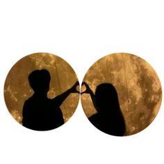 the silhouettes of two people holding hands in front of a full moon with their shadow