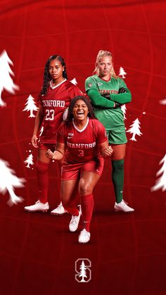 three female soccer players in red and green uniforms on a red background with white christmas trees