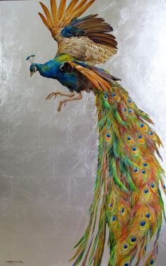 two peacocks are standing next to each other with their feathers spread out and one has its tail open