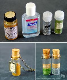 four different types of spice in small glass bottles with chains attached to each bottle and on the other side