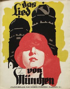 an old poster with a woman's face and two towers in the back ground