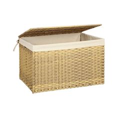 a wicker storage box with lid and handles