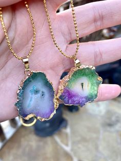 "Mesmerizing, natural rainbow Druzy Geode fully crystallized minerals, with irregular sizes and shapes. There are currently 2 in stock and all different since natural Stones are hard to get to a fixed shape and size. --The sizes: Pendant A: 1.25\" around approximately. Pendant B: 1.50\"*1.25\" approx. --20\" inches long ball chain, 14k yellow gold plated over copper. --The pendants are 14k yellow gold electroplated." Large Stone Mineral Crystal Necklaces For Jewelry Making, Large Stone Mineral Crystal Necklace For Jewelry Making, Iridescent Necklaces With Natural Stones For Healing, Multicolor Mineral Crystal Necklaces As Gift, Multicolor Gemstone Crystals, Multicolor Gemstone Crystal Necklaces, Multicolor Mineral Crystal Necklace For Gifts, Multicolor Crystal Necklace Gift, Multicolor Gemstone Mineral Crystals