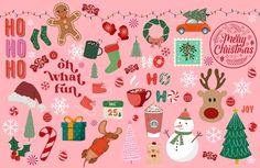 a pink background with christmas decorations and holiday items on it's side, including stockings, hats, mittens, snowflakes, mugs