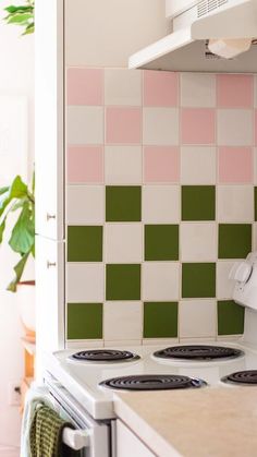 a stove top oven sitting inside of a kitchen next to a green potted plant