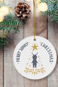 a christmas ornament hanging on a wooden table with pine cones and evergreen branches