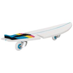 a white skateboard with blue wheels and colorful design on the front wheel, against a white background