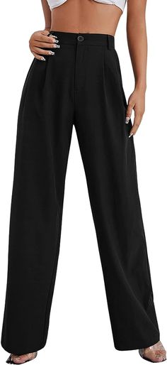 SweatyRocks Women's Casual Wide Leg High Waisted Button Down Straight Long Trousers Pants Black L at Amazon Women’s Clothing store Trouser Pants Pattern, Best Work Pants, White Slacks, Causal Outfits, Long Trousers, Trousers Pants, Straight Trousers, Pants Pattern, Straight Pants