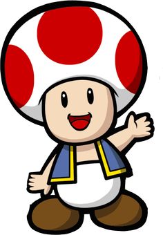 a cartoon mushroom with red dots on it's head and hands in the air