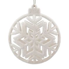 white snowflake ornament hanging from a silver chain on a white background