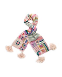 a multicolored scarf with tassels and fringe on the ends is shown in front of a white background