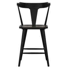 a black bar stool with an upholstered seat and backrest, against a white background