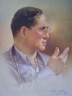 a painting of a man wearing glasses and holding his hand up to the side with both hands