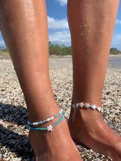 Stunning all genuine Turquoise anklet with a small Fresh Water Pearl Side Star. Perfection :)Anklet pictured measures 8.5" with a 1" extension chain.  Please select your desired length from the drop-down menu.Chain and accents are available in all 14K Yellow Gold Filled, all 14K Rose Gold Filled, and all Sterling Silver.**LISTING IS FOR THE WISH STAR ANKLET ONLY*** ALL OTHER ANKLETS ARE SOLD SEPERATELY. Blue Beaded Starfish Anklet, Turquoise Beaded Starfish Bracelets For Summer, Turquoise Starfish Beaded Bracelets For Summer, Blue Strand Anklets For Summer, Summer Turquoise Beaded Bracelets With Starfish Shape, Blue Beaded Ocean-inspired Anklet, Beachy Turquoise Anklets For Vacation, Turquoise Beachy Anklets For Vacation, Ocean-inspired Blue Beaded Anklet