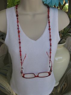 Red Eyeglass Chain Red Necklace Eyeglass by RalstonOriginals, $15.00 Adjustable Glass Beaded Necklaces With Wire Wrapping, Red Czech Glass Beaded Necklaces As A Gift, Red Beaded Glass Jewelry, Red Glass Beaded Necklaces With Round Beads, Red Wire Wrapped Beaded Necklace For Gift, Adjustable Glass Beaded Necklace With Wire Wrapped, Red Glass Glasses Chains As A Gift, Red Czech Glass Beaded Necklace Gift, Red Beaded Glasses Chains As Gift