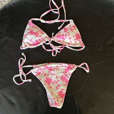 Shein Bikini And Wrap Pink And White Flowers String Bikini Padded Bra Size Small Never Worn White Halter Neck Swimwear For Spring, White Tie-side Swimwear For Vacation, White Triangle Top Swimwear For Beach Season, White Tie-side Bottom Swimwear For Beach Party, Fitted White Beachy Swimwear, White Fitted Beachy Swimwear, White Tie-side Bottom Swimwear For Vacation, White Tie-side Bottom Swimwear For Beach Season, White Triangle Top Swimwear For Beach