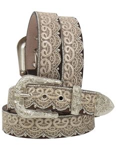 Ladies' Lace Brown Leather Belt with Clear Crystals Please allow 10-14 days to ship Details Brown Leather Tan lace and bead overlay Silver tone studs and clear crystals Brown croc print leather by buckle set Removable silver tone buckle set Adjustable Silver Belt With Rhinestone Rivets, Silver Adjustable Belt With Rhinestone Rivets, Silver Leather Belt, Latte Outfit, Smith And Western, Western Rings, Womens Belt, Crystal Lace, Western Purses