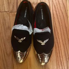 Men’s Dress Shoes Gold Embellishments. Size 12 Gold Formal Loafers With Branded Insole, Gold Dress Shoes With Leather Sole For Party, Party Gold Dress Shoes With Leather Sole, Gold Slip-on Dress Shoes For Formal Occasions, Elegant Gold Slip-on Dress Shoes, Luxury Gold Dress Shoes With Round Toe, Gold Round Toe Dress Shoes For Formal Occasions, Gold Dress Shoes With Round Toe For Formal Occasions, Gold Formal Dress Shoes With Round Toe