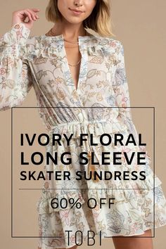 Save money on this short ivory floral long sleeve skater sundress. Get ready for sundress season by exploring the best sundresses for women in all styles and colors. You will find plenty of maxi and off the shoulder sundresses, short and flirty sundresses, or even strapless sundresses that will look great with sandals or heels all summer long. Shop the best selection of cute cheap sundresses and inexpensive sundresses from TOBI. Catch the TOBI dresses online sale happening now! #sundress