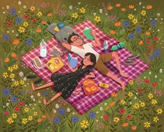 a painting of two people laying on a blanket in the grass with picnic foods and drinks