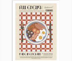 a poster with an image of eggs, bacon, and pancakes on a checkered table cloth