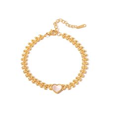 Experience Timeless Elegance with our Romantic Heart Pendant Bracelet Indulge in the allure of our Romantic Heart Pendant Bracelet, a stunning piece that seamlessly combines classic beauty with contemporary design. Crafted with exquisite white shell and durable stainless steel, this bracelet is not just an accessory but a statement of elegance and sophistication. Product Features: Material: High-quality shell & stainless steel Bracelet Type: Chain & Link Bracelet Clasp Type: Secure Toggle-clasp Heart-shaped Stainless Steel Bracelets For Weddings, Elegant Adjustable Stainless Steel Heart Bracelet, Heart-shaped Stainless Steel Wedding Bracelets, Heart Shaped Stainless Steel Wedding Bracelets, Elegant Stainless Steel Heart Bracelet, Elegant White Bracelet With Heart Charm, White Heart-shaped Metal Charm Bracelet, Elegant Stainless Steel Bracelets For Valentine's Day, Elegant White Heart Bracelet For Valentine's Day