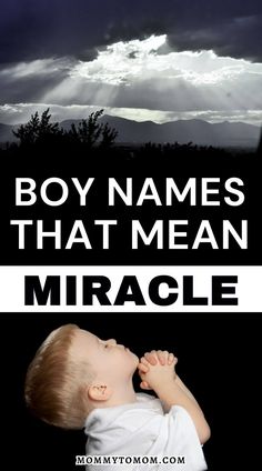 a baby with the words boy names that mean oracle on it's chest, and an image of clouds in the background