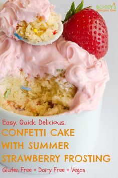 a cupcake with pink frosting and two strawberries on top is featured in this advertisement