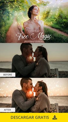 three different photoshopped images with the words free magic on them and an image of two