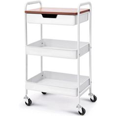 a white rolling cart with two drawers on wheels and a wooden top, in front of a white background