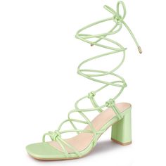 Every girl needs a versatile pair of strappy heels in her closet, and these beauties are a must-have! Featuring a stylish slingback lace-up closure and a block heel, they effortlessly add a trendy and comfortable feel to your everyday look. This simple square-toe summer sandal has a thick heel and a long lace-up design that helps to modify your leg shape. It is very suitable for matching with your summer long skirts and shorts. Plus, they're made with a faux leather vamp, durable rubber outsole, Light Green Heels, Green Lace Up Heels, Hoco Heels, Lace Up Chunky Heels, Hoco Inspo, Heels Green, Strappy Sandals Gladiators, Snow Ball, Chunky Heel Sandals