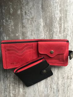 100 % full-grain handmade leather wallet. Bright red and black bifold wallet. Precisely made from high quality cow leather. Lasts for years, therefore is a perfect gift. The wallet is engraved with an ancient stylized signs. Wallet is made from full grain cow leather. The red, inside part, is made from crazy horse leather. Crazy horse is a specially processed leather type that gives it an antique appearance. This type of leather is long lasting, very durable and any scratches or rubs turn it to Red Leather Wallets For Everyday Use, Black Smooth Grain Wallet As Gift, Red Leather Trifold Wallet For Everyday, Red Leather Wallet With Card Slots, Red Leather Trifold Wallet For Daily Use, Red Bifold Wallet For Everyday Use, Red Bifold Wallets As A Gift, Red Bifold Wallets For Gifts, Red Trifold Wallet With Coin Pocket For Daily Use