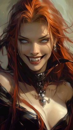 a woman with long red hair and piercings on her chest smiling at the camera