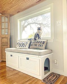 a cat sitting on top of a window sill next to a dog bed and rug