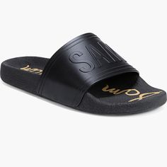 Sam Edelman Ira Slide Sandal Size 8 Black W/Gold Details & Care An Embossed Logo Brings Signature Style To An Italian Slide Sandal Crafted With A Contoured Footbed. Flat Sole Synthetic Upper, Lining And Sole Made In Italy Item # 7182305 Black Slides With Leather Sole For Vacation, Black Leather Footbed Flip Flops, Black Leather Footbed Open Toe Flip Flops, Black Synthetic Flip Flops With Leather Footbed, Black Open Toe Flip Flops With Leather Footbed, Black Casual Flip Flops With Leather Footbed, Black Leather Sole Slides, Black Slides With Leather Sole And Flat Heel, Black Leather Sole Slides For Summer