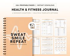 the health and fitness journal is open on top of a table with an orange background