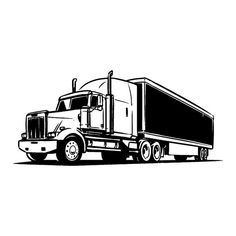 a black and white drawing of a semi - truck on a plain background with no one around it