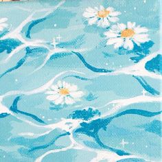 a painting with daisies on it and water in the foreground, next to some rocks