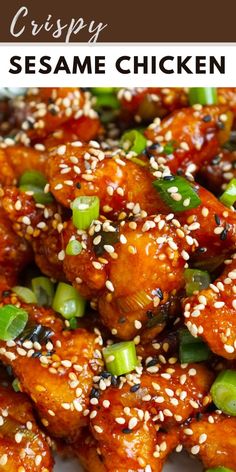 sesame chicken on a plate with sesame seeds and green onions in the middle, topped with sesame seeds