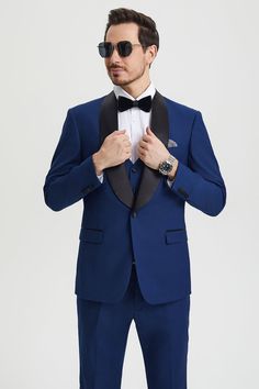 This one button tuxedo by Stacy Adams features a wide black satin shawl lapel, matching pants and vest. This comes in a hybrid fit (Sizes 34-44 = Slim Fit | Sizes 46+ = Modern Fit) Groom's Tuxedo With Notch Lapel And Single Button, Groom's Tuxedo With Notch Lapel, Notch Lapel Single Button Tuxedo For Groom, Tuxedo With Suit Collar For Gala, Gala Tuxedo With Suit Collar, Groom's Single Breasted Tuxedo With Notch Lapel, Single Breasted Notch Lapel Tuxedo For Groom, Blue Fitted Suit For Black-tie Events, Tailored Tuxedo With Notch Lapel For Groom