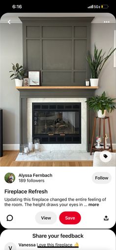 an instagram page with a fireplace and some pictures on the wall above it that says fire place refresh