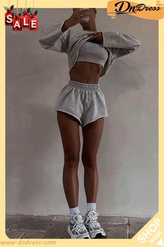 Solid Color Sweatshirt Crop Top Cami Vest Three-piece Shorts Set Long Cape Coat, Sporty Streetwear, Ladies Club, Bright Color Dresses, White Boho Dress, Crop Top Sweatshirt, Cami Crop Top, T Shirt And Jeans, Short Suit