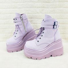 Shaker 52 Lilac Faux Suede Platform 4.5" Wedge Heel Ankle Boots Size 6-12 NY | Totally Wicked Footwear Purple Rave Outfit, Purple Ankle Boots, Purple Wedges, Demonia Boots, Demonia Shoes, Shoes Outfit Fashion, Black Platform Boots, Purple Shoes, Wedge Ankle Boots