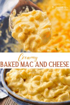 a spoon full of macaroni and cheese on top of a blue plate with the words, creamy baked mac and cheese