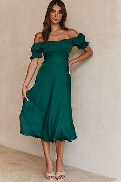 Shop the Linka Off-Shoulder Tie Back Midi Dress Forest Green | Selfie Leslie Yellow Bridesmaids, Green Bridesmaid, Off Shoulder Fashion, Blue Bridesmaids, Dress Satin, Date Night Dresses, Mini Dress Casual, Hello Gorgeous, Green Midi Dress