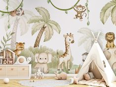 a child's room with jungle animals and giraffes