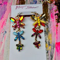 Betsy Johnson Brand New Never Worn Dragon Fly Drop Earrings (Lightweight). Yellow Ear Wire Party Earrings, Party Jewelry With Yellow Ear Wire, Yellow Jewelry With Ear Wire For Party, Yellow Whimsical Dangle Earrings, Whimsical Yellow Dangle Earrings, Yellow Fun Earrings For Party, Fun Yellow Party Jewelry, Bohemian Yellow Earrings For Party, Trendy Yellow Party Earrings