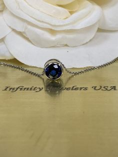 Sapphire floating pendant, bezel set necklace 14k white gold , 18 inch diamond cut cable chain #5871 #GiftsForHer #BridalGift #FloatingNecklace #TravelNecklace #BridalSet #GiftForHer #NecklaceGift #SapphirePendant #BridalJewelry #BirthdayGift 14k Gold Sapphire Jewelry With Prong Setting, White Gold Jewelry With Diamond Cut Lab-created Sapphire, Fine Jewelry With Diamond Cut Lab-created Sapphire, Fine Jewelry With Lab-created Sapphire And Diamond Cut, Sapphire Birthstone Necklace In Lab-created Sapphire, Lab-created Sapphire Jewelry In Prong Setting, Sapphire Jewelry Gift With Round Stone, Round Sapphire Jewelry Gift, Sapphire Jewelry With Round Stone For Gifts