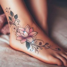 a woman's foot with a flower tattoo on it