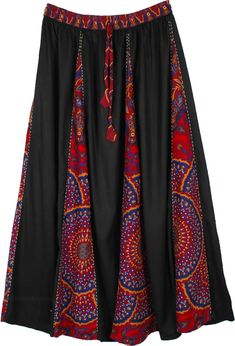 This is a long skirt with alternating bright print and black patchwork in sunray or accordion pleats that start out smaller at the waist and get larger toward the hem - a design that is known to make you look taller; the long linear patchworks are joined together and highlighted by hand embroidered thread work. It has an elastic waist with a drawstring to allow for flexibility and a comfortable fit.; Waist: 26"-36" Length: 36" ; Material: 100% Cotton (no lining); Care: Hand wash separately in co Black Patchwork Tiered Skirt, Black Tiered Patchwork Skirt, Black Bohemian Maxi Skirt For Festival, Bohemian Black Maxi Skirt For Festival, Black Bohemian Skirt With Elastic Waistband, Black Patchwork Bottoms For Festival, Bohemian Black Skirt With Elastic Waistband, Bohemian Black Patchwork Bottoms, Black Bohemian Flowy Wrap Skirt